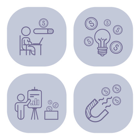Collection of line icons illustrating business growth strategies, including making money, brainstorming ideas, presenting data, and attracting customers. Ideal for entrepreneurs and marketersのイラスト素材