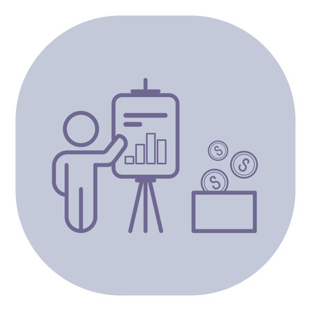 Person presenting financial data on board during business meeting, while coins in box illustrating monetary aspects of discussionのイラスト素材