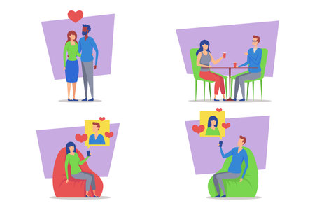 Charming collection of couples in various settings. One pair standing happily, while another enjoying drinks. Others sharing moments on couch, showing different aspects of relationshipsのイラスト素材