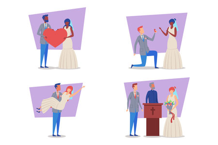 Illustrations of joyful moments of marriage, including heart symbols, proposals, ceremonies, and vibrant exchanges. Love and celebration experienced during weddings conceptのイラスト素材