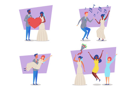 Couples engaged in various joyful activities celebrating their union, showcasing love and excitement. Dancing, holding hearts, and sharing special moments with friendsのイラスト素材
