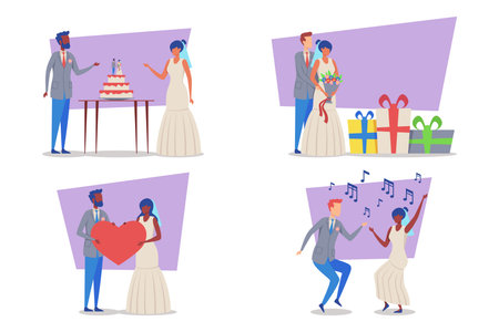 Couples engaged in diverse wedding festivities, showcasing cake cutting, bouquet tossing, gift exchanges, and joyful dancing. Love and happiness conceptのイラスト素材