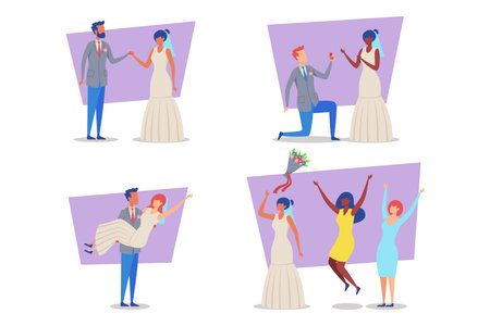 Vibrant collection of various wedding moments, including couples proposing, celebrating, and joyful interactions between friends adorned in wedding attireのイラスト素材