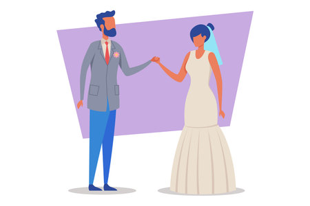 Couple standing together, holding hands, representing joy and commitment of marriage. Traditional, celebration of love conceptのイラスト素材