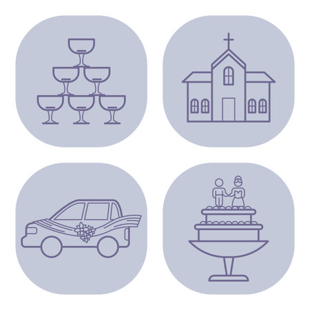 Collection of line icons representing various elements of celebrations, including stacked glasses, church, decorated car, and wedding cake. Ideal for event planning and designのイラスト素材