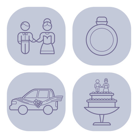 Collection of wedding-related line icons, including couple holding hands, wedding ring, decorated car, and cake. Perfect for wedding planning or design projectsのイラスト素材