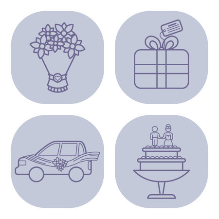 Collection of line icons related to wedding celebrations, such as bouquet, gift, decorated car, and wedding cake. Perfect for event planning and invitationsのイラスト素材