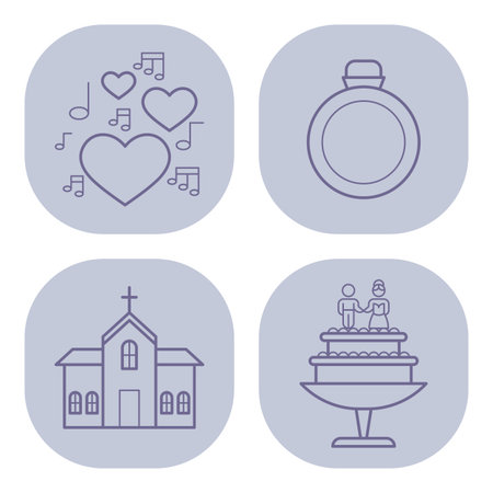 Collection of elegant line art icons symbolizing wedding themes including hearts, church, wedding cake, and ringのイラスト素材