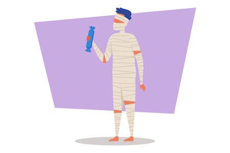 Person dressed as mummy standing and holding Halloween treat. Festive atmosphere marked by creative costume in preparation for Halloween party, showcasing spirit and funのイラスト素材