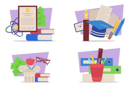 Various education-related items arranged in collection including books, awards, graduation cap, and stationery. Perfect for academic themes and learning topicsのイラスト素材