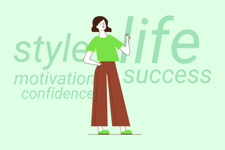 Confident person standing casually, wearing green top and brown pants, conveying message of motivation and success. Inspiring words on backgroundのイラスト素材