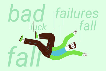 Person falling against green background. Words like bad, luck, failures, and fall surrounding him, emphasizing struggles and setbacks in lifeのイラスト素材