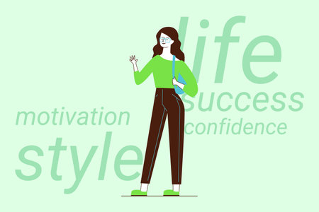 Woman standing confidently, dressed in green top and brown pants. She interacting cheerfully, surrounded by words inspiring motivation and successのイラスト素材