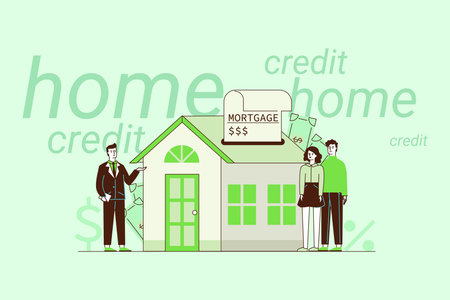 Two people standing next to home, exploring mortgage choices. Various financial elements related to home buying and credit creating educational atmosphereのイラスト素材