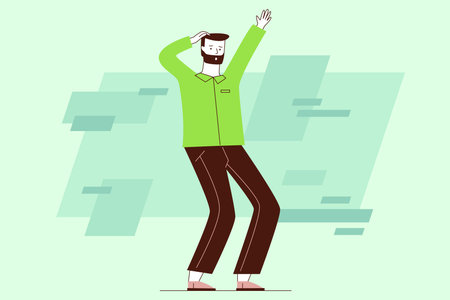 Man dressed in bright green shirt joyfully dancing in playful manner. His confident stance and happy expression creating lively atmosphereのイラスト素材