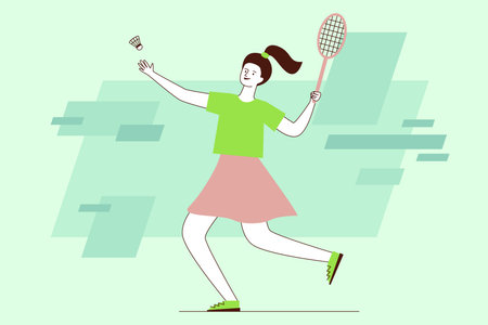 Young woman playing badminton in outdoor setting, wearing green shirt and pink skirt. Woman with racket, ready to hit shuttlecock against light backgroundのイラスト素材