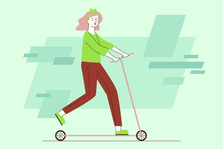 Young woman with pink hair riding pink scooter on green background. She wearing green shirt and brown pants, enjoying her time outdoorsのイラスト素材