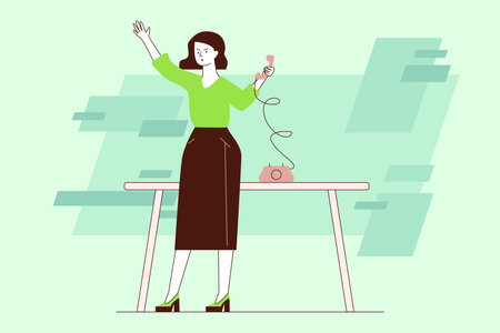 Woman standing at table, raising one hand in excitement while holding phone in other. She wearing green top and dark skirt, expressing joy in her achievementのイラスト素材