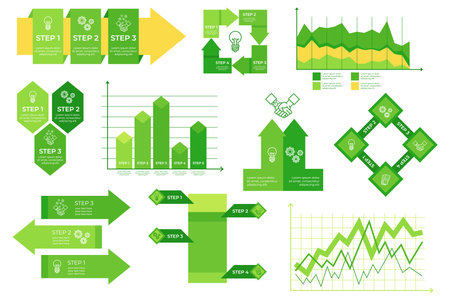 Infographic set presenting series of steps and data trends using green graphics. Visuals including arrows, charts, and icons illustrating processes and data analysisのイラスト素材