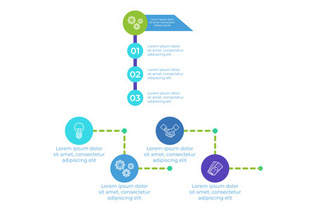 Infographic set illustrating clear process flow with numbered steps. Each step including icons representing concepts and ideas, enhancing understanding and engagementのイラスト素材