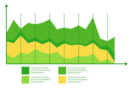 Infographic of layered data trends over time. Different colored areas representing various categories. Each layer indicating changes in values across timeline, providing clear insightsのイラスト素材