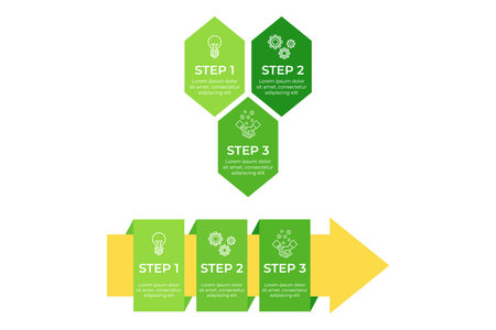 Infographic with three clear steps for completing the process. Each step represented by green hexagon with icons symbolizing ideas, growth, and strategyのイラスト素材