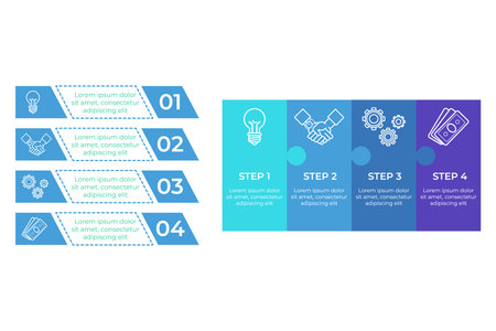 Infographic set presenting clear step-by-step guide to creating effective infographics. Each section including icons and descriptions to simplify design processのイラスト素材