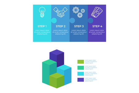 Infographic presenting clear guide with four steps designed to help individuals reach their goals. Visuals of ideas, partnership, processes, and results includedのイラスト素材