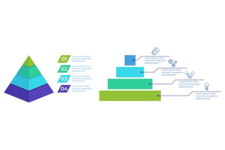 Infographic displaying multi-tiered pyramid on left and organized blocks on right, illustrating structured approach to presenting information clearly and effectivelyのイラスト素材