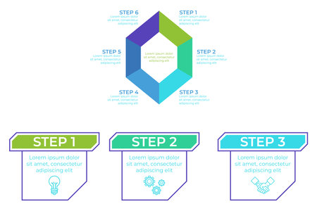 Infographic illustrating six-step process with colorful sections defining each step. Each step clearly labeled and including descriptive text for clarity in understandingのイラスト素材