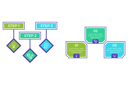 Infographic displaying clear step-by-step process. Design featuring colorful boxes and icons representing different activities and concepts. It visually engaging and informativeのイラスト素材