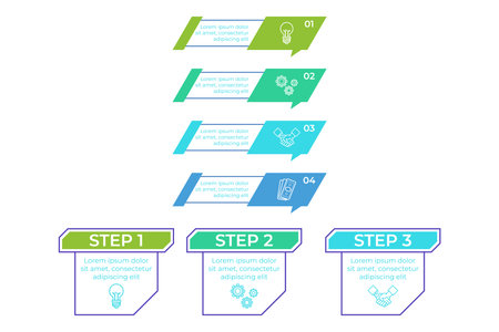 Infographic showing four distinct steps in workflow process. Each step is clearly labeled with icons and easy to understand descriptions. Layout using bright colors to enhance clarityのイラスト素材