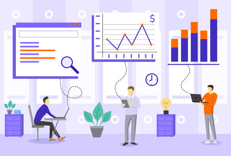 People engaged in work related to data analysis. One at desk with laptop, others holding gadgets. Charts and graphs displayed on screens nearbyのイラスト素材