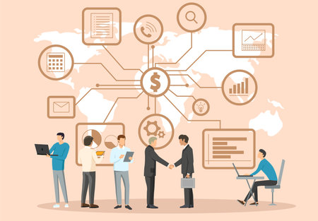 Group of people discussing financial data in busy setting. Some holding laptops while others engaged in conversation and review charts, showing teamwork and collaboration in businessのイラスト素材