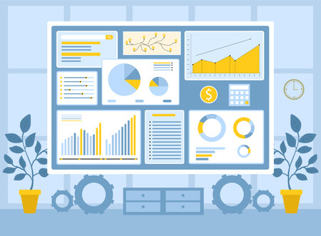 Visual representation of data on dashboard showing various charts and graphs against background with plants and furnitureのイラスト素材