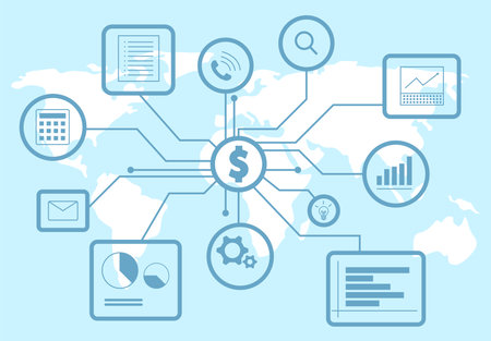 Several finance related icons and symbols connecting to central dollar sign on world map background. Design with various financial activities and communication toolsのイラスト素材