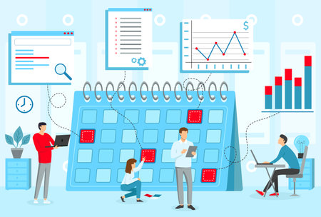 People using devices to collaborate on project planning. They reviewing schedules, data, and charts during working hoursのイラスト素材