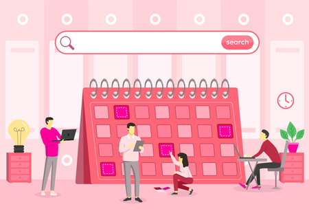 Four individuals focusing on different tasks in workspace. Two people using devices, while one organizing papers and another writing at desk. Large calendar visibleのイラスト素材