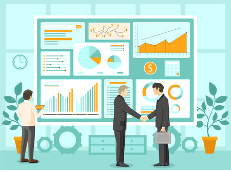 Two people shaking hands in office setting. One person standing near large screen showing graphs and chartsのイラスト素材