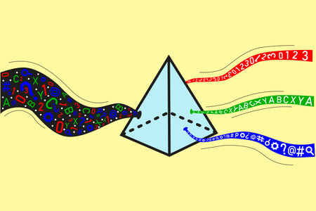 Pyramid standing at center of design. Colorful streams of symbols, numbers, and letters flowing around it from different directionsのイラスト素材