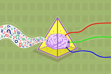 Brain in triangle, with colorful wires connecting to it. One side with colorful symbols and numbers coming out of itのイラスト素材