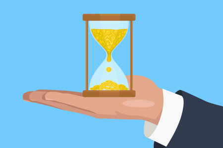 Hand holding hourglass. Hourglass with gold coins inside on blue background. Time and value conceptのイラスト素材