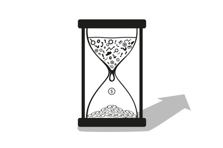 Sand timer with coins at bottom and symbols at top. Time passing with money concept