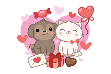 Two cute pets sharing moment on Valentines Day. Dog and cat sitting close together surrounded by hearts, gifts, and candy. Happy animals enjoying holidayのイラスト素材