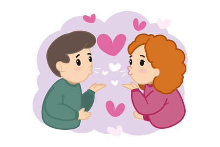 Two people blowing kisses to each other with hearts floating around. They expressing love and affection during Valentines Day. Celebration of romance conceptのイラスト素材