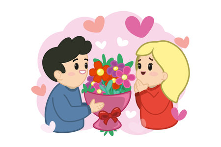 Couple smiling at each other as man giving bouquet of flowers. Hearts surrounding them, showing love and celebration for Valentines Day. Joy and affection conceptのイラスト素材