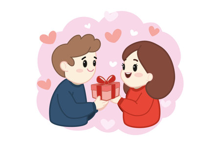 Couple sharing special moment during Valentine Day. They giving each other gifts with smiles on their faces. Background with hearts creating festive moodのイラスト素材