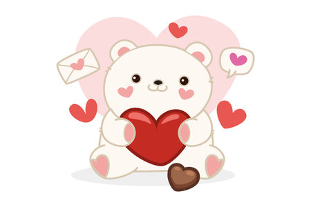 Bear sitting holding red heart surrounded by hearts and love letter. Celebration of Valentine Day focusing on love and affectionのイラスト素材