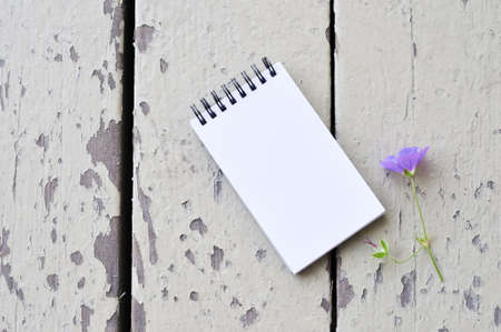 blank notepad and violet flower on rustic plank wood backgroundの写真素材