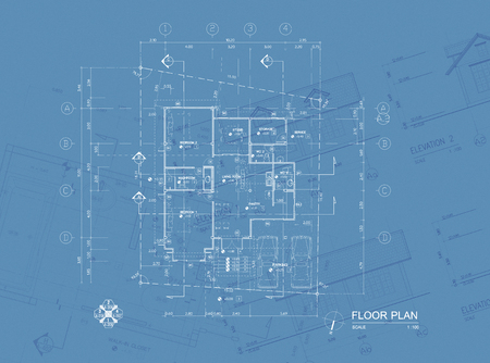 Overlay of house blueprint   floor plan, elevations and washroom detailの写真素材